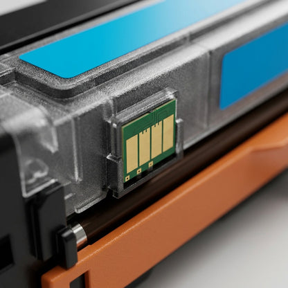 Macro detail of the smart chip and cyan indicators on an Elevate Imaging W2111X toner cartridge.