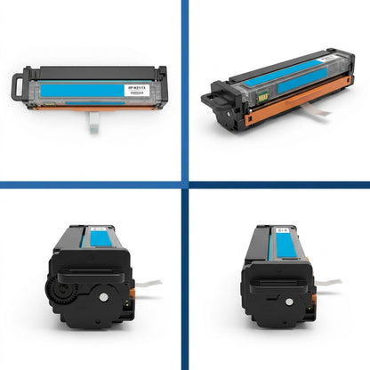 A quad-view matrix of the Elevate Imaging cyan W2111X toner cartridge from multiple angles.