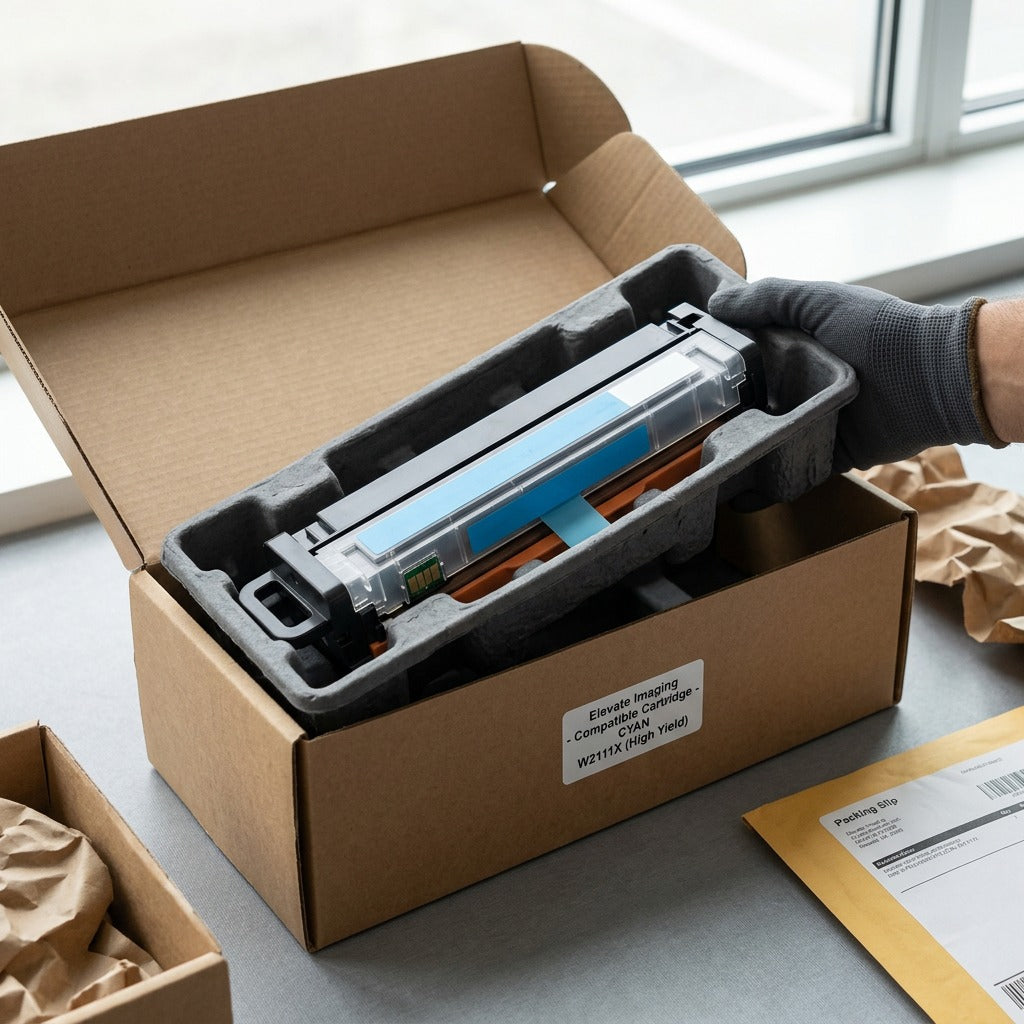 Elevate Imaging HP W2111X cyan toner cartridge unboxing showing secure, protective pulp packaging.