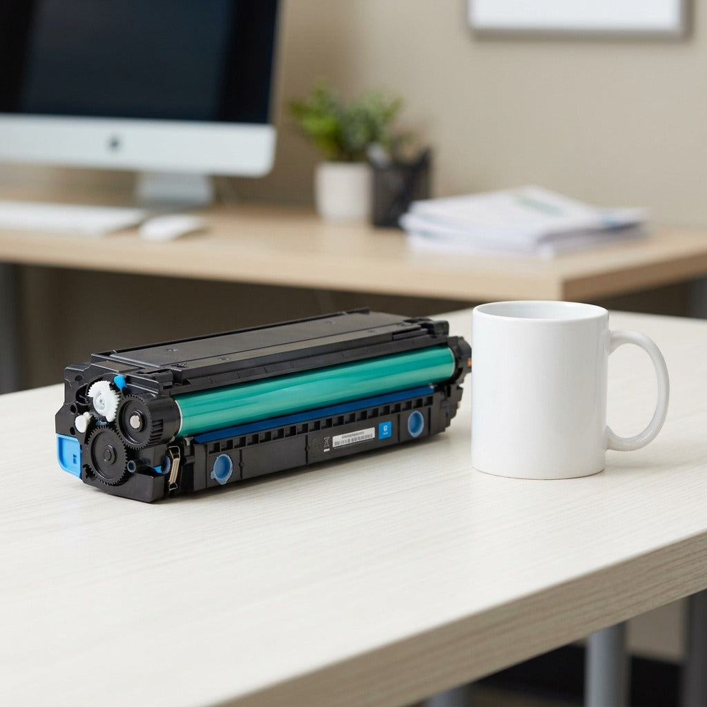 Elevate Imaging HP 508X cyan toner cartridge shown next to a coffee mug on a desk for size scale.