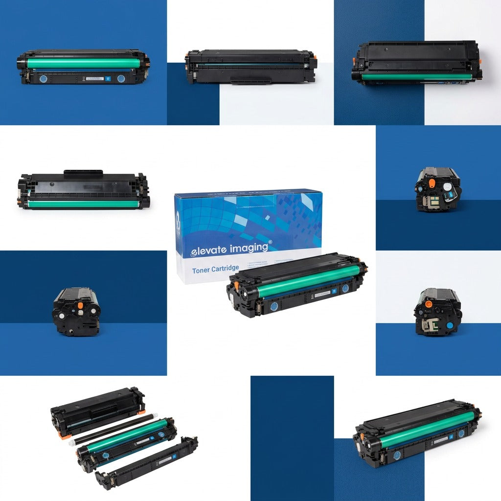 Elevate Imaging HP CF361X Cyan toner cartridge shown from multiple angles in a grid layout.