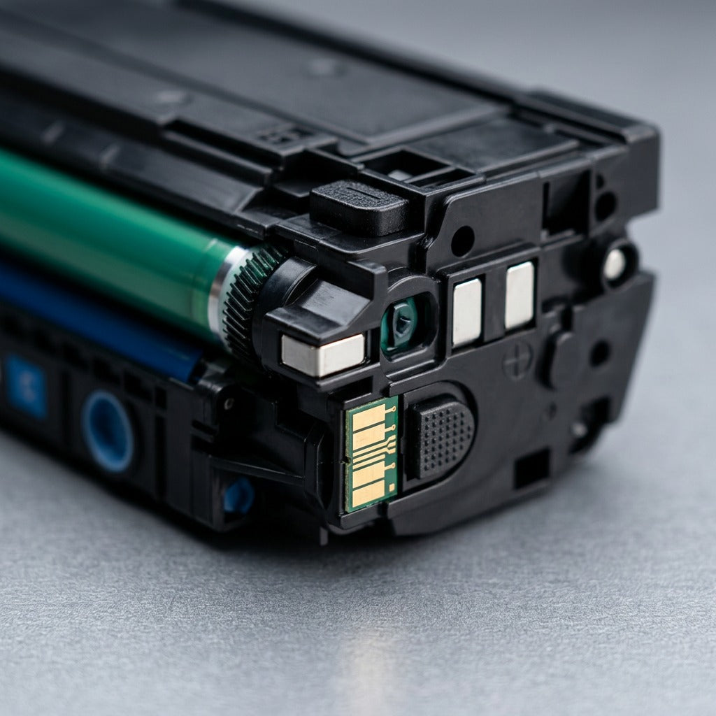 Macro detail of the smart chip and electrical contacts on an Elevate Imaging HP 508X toner cartridge.