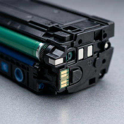Macro detail of the smart chip and electrical contacts on an Elevate Imaging HP 508X toner cartridge.