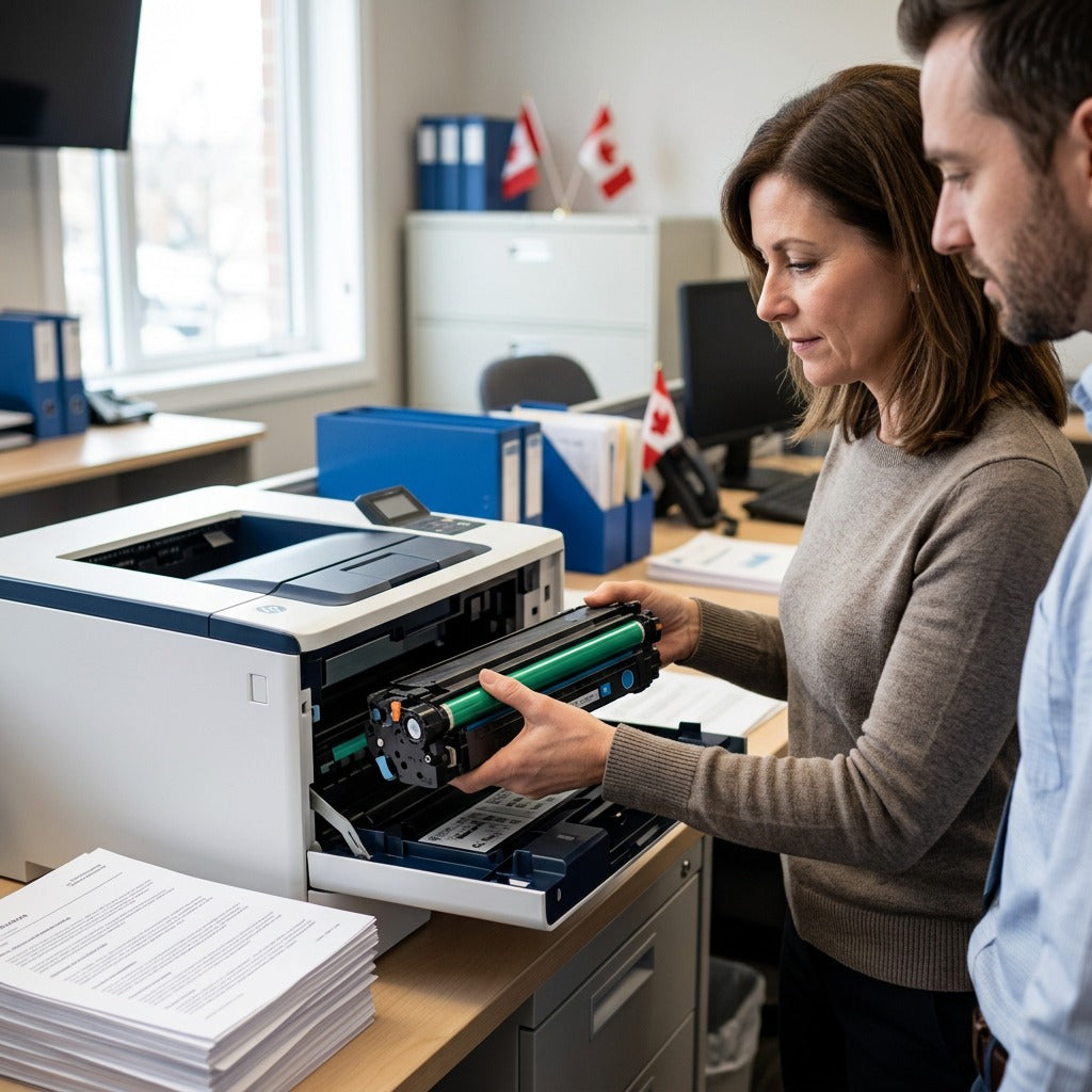 A professional in a Canadian office installs an Elevate Imaging HP CF361X toner cartridge.