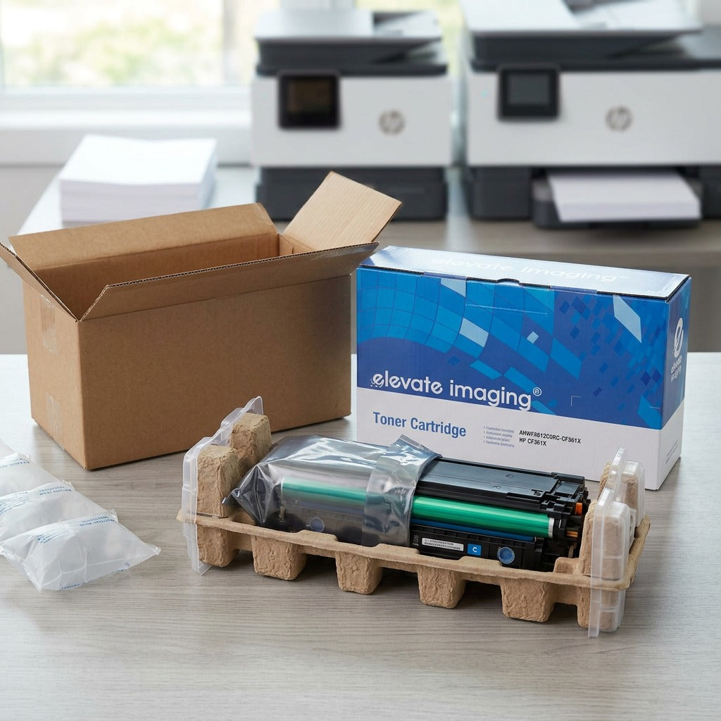 Unboxing an Elevate Imaging CF361X toner cartridge with protective molded pulp and shipping materials.