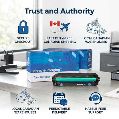 Elevate Imaging HP CF361X toner boxes on a desk with icons for shipping, support, and secure checkout.