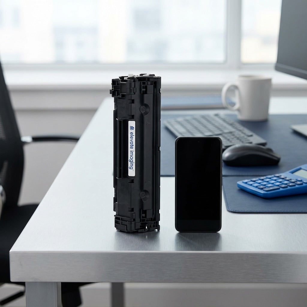 Elevate Imaging CE278A toner cartridge standing vertically on a desk next to a smartphone for scale.