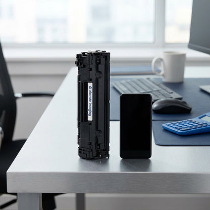 Elevate Imaging CE278A toner cartridge standing vertically on a desk next to a smartphone for scale.