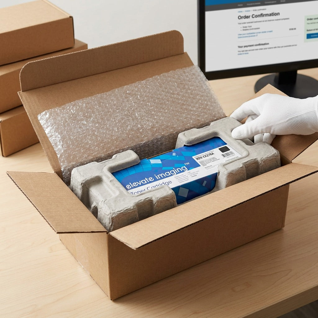 An Elevate Imaging HP CE278A toner cartridge securely packed in a box with protective cradle inserts.