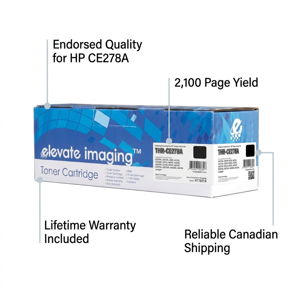Elevate Imaging HP CE278A compatible toner box featuring 2,100 page yield and lifetime warranty.