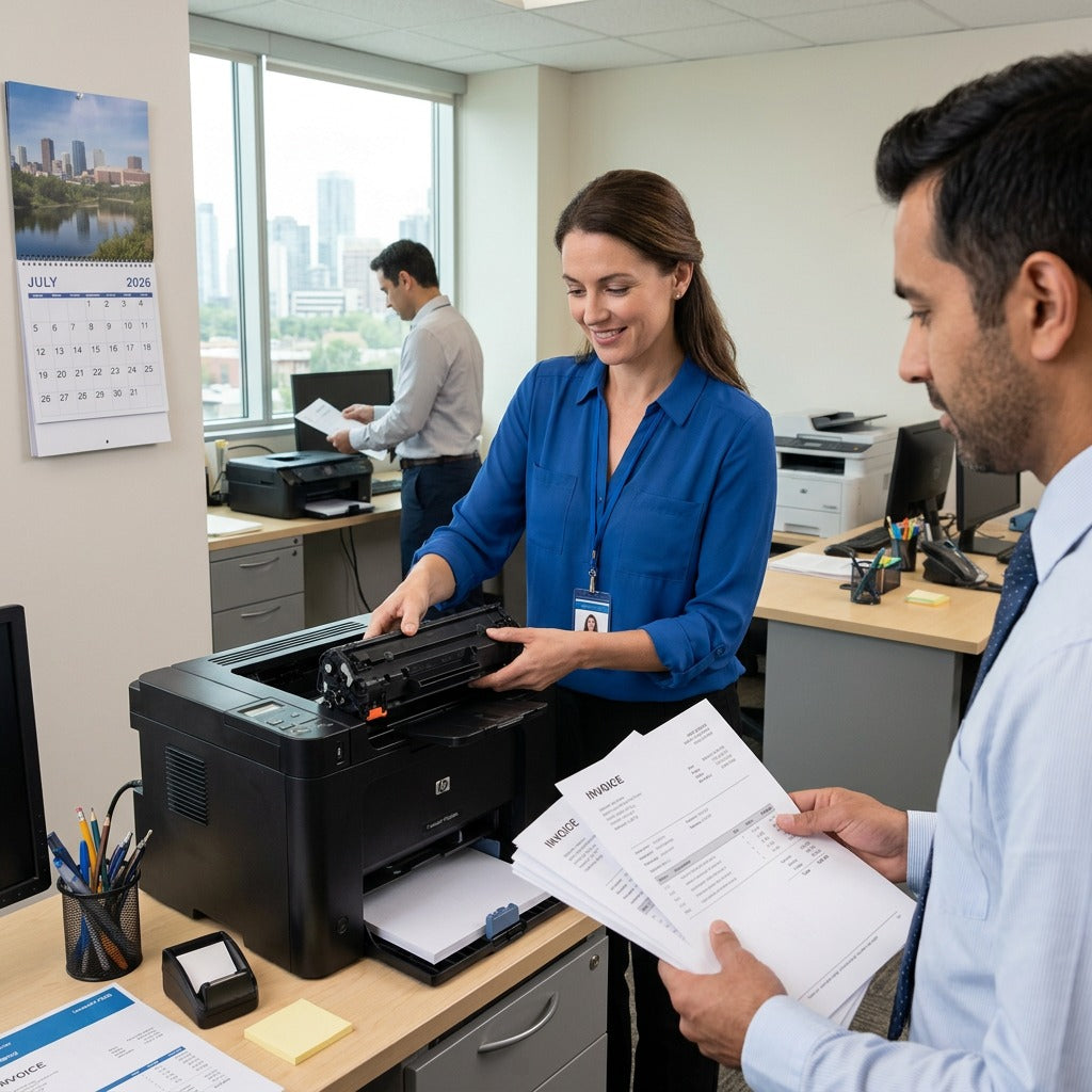 Professional office setting where a woman installs an Elevate Imaging CE278A toner into a printer.