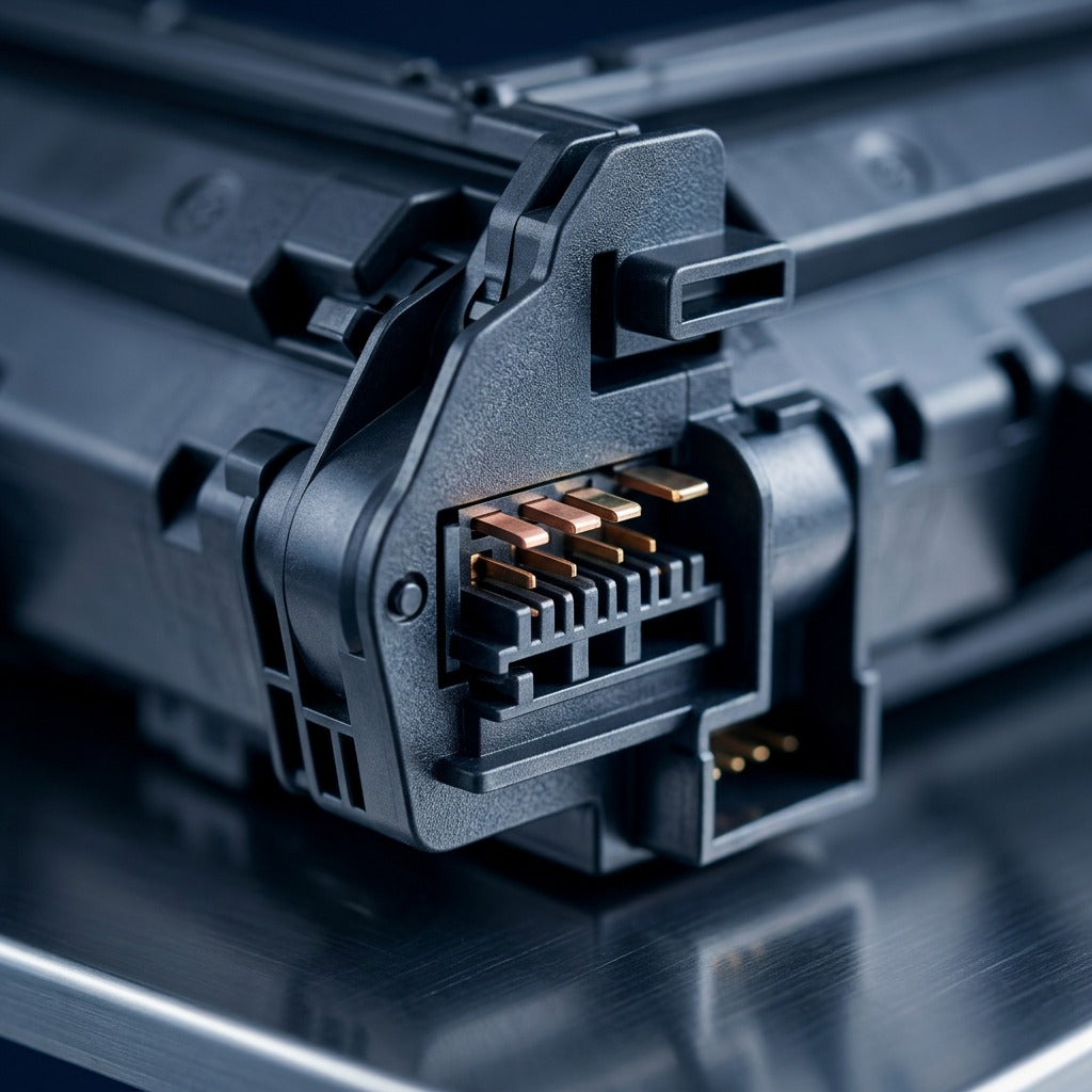 Macro detail of copper contact pins on an Elevate Imaging HP CE278A compatible toner cartridge.