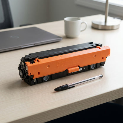 Elevate Imaging HP 508X CF360X black toner cartridge on a desk beside a pen for scale reference.