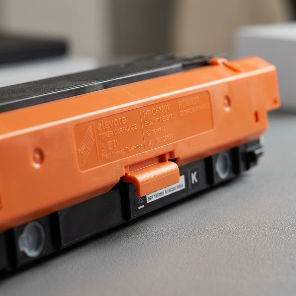 Macro detail of an Elevate Imaging HP CF360X toner cartridge showing high-quality orange moldings.