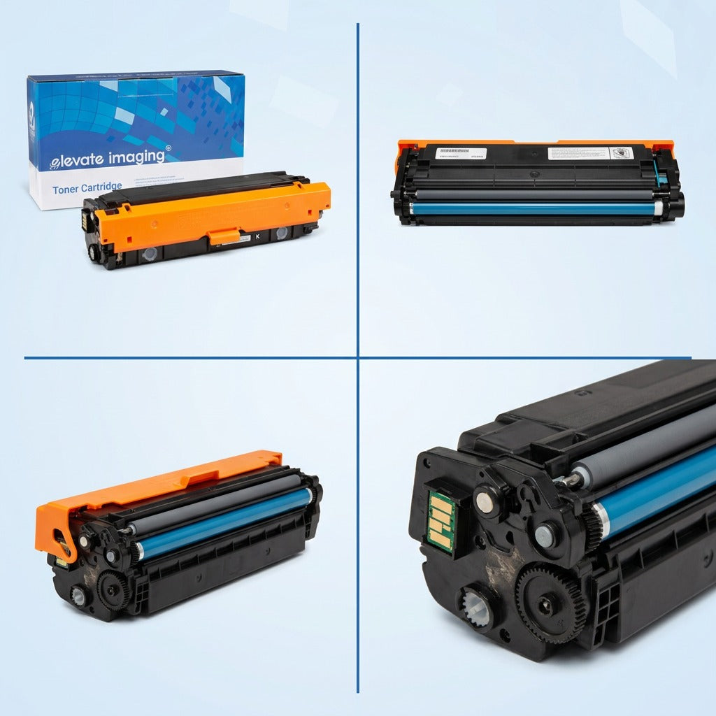 Four-grid view of Elevate Imaging HP 508X (CF360X) black toner showing the box, hardware, and chip.