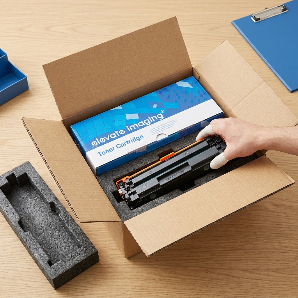 Unboxing an Elevate Imaging HP CF360X toner cartridge from a secure, foam-lined shipping box.