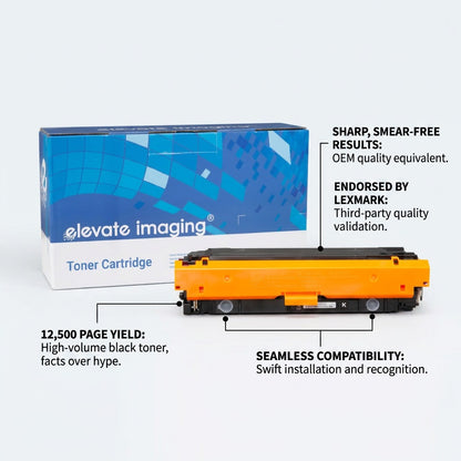 Elevate Imaging HP 508X black toner cartridge and box with callouts for 12,500 page yield.