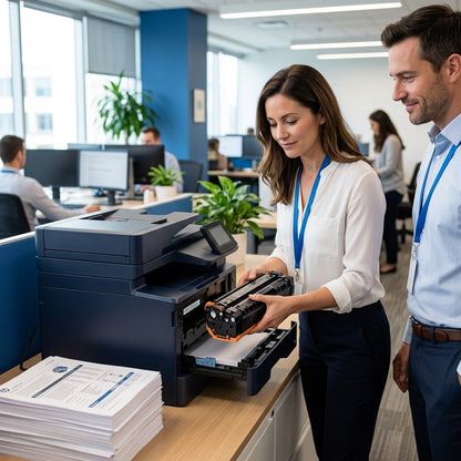 Office professionals installing an Elevate Imaging HP 508X black toner cartridge into a printer.
