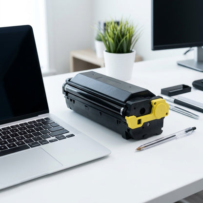 Elevate Imaging W2112X yellow toner cartridge on a white desk next to a laptop for scale.