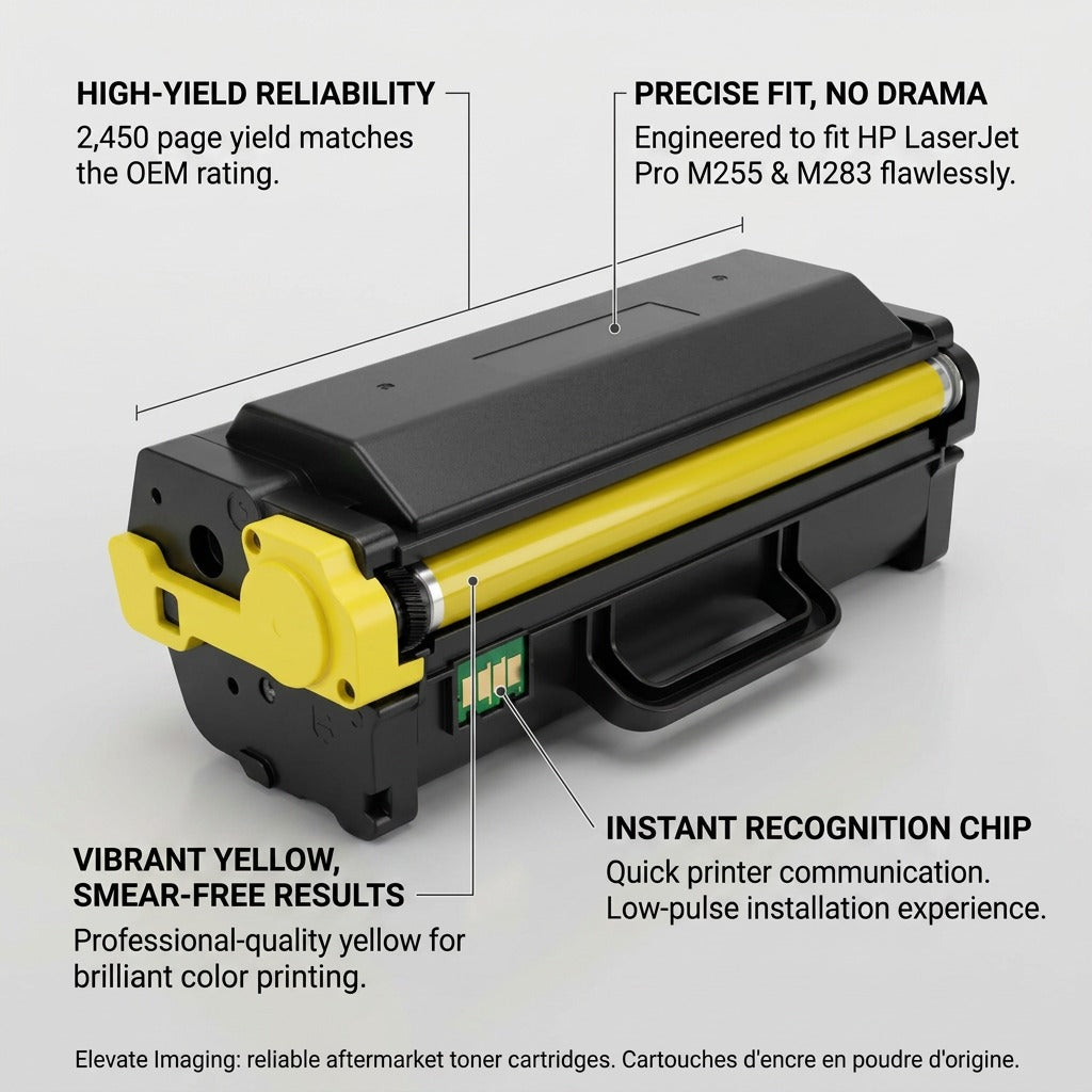 Elevate Imaging Yellow HP 206X toner cartridge featuring high-yield capacity and recognition chip.