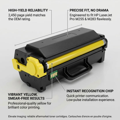 Elevate Imaging Yellow HP 206X toner cartridge featuring high-yield capacity and recognition chip.
