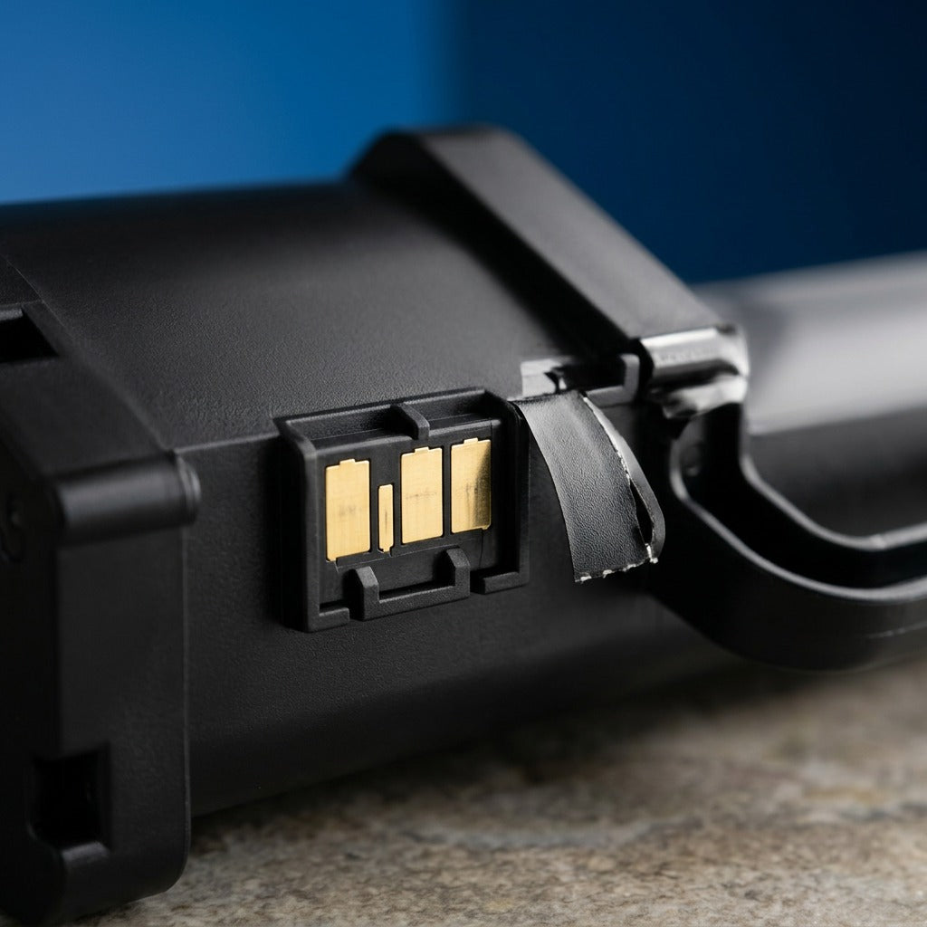 Macro detail of the gold-plated contact chip on an Elevate Imaging HP W2112X compatible toner.