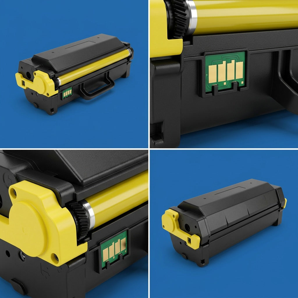 Multiple angles of the Elevate Imaging Yellow HP W2112X compatible toner cartridge on a blue background.