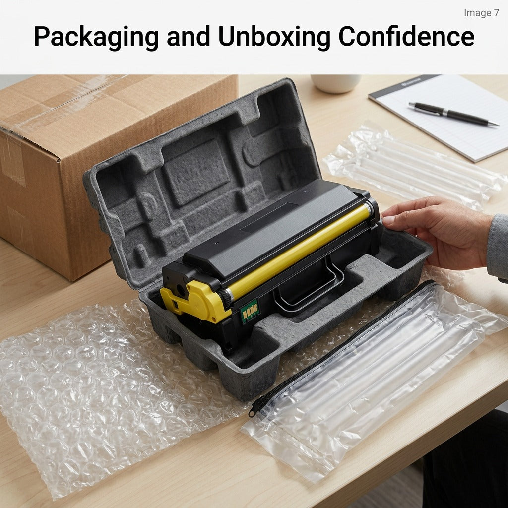Unboxing of an Elevate Imaging W2112X yellow toner cartridge protected by molded foam and air bags.