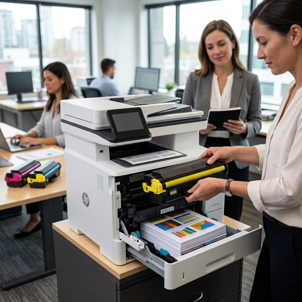 Office manager installing an Elevate Imaging W2112X yellow toner cartridge into a LaserJet printer.