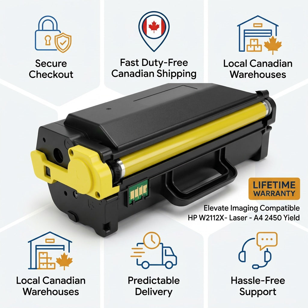 Elevate Imaging HP W2112X yellow toner cartridge with icons for fast Canadian shipping and support.