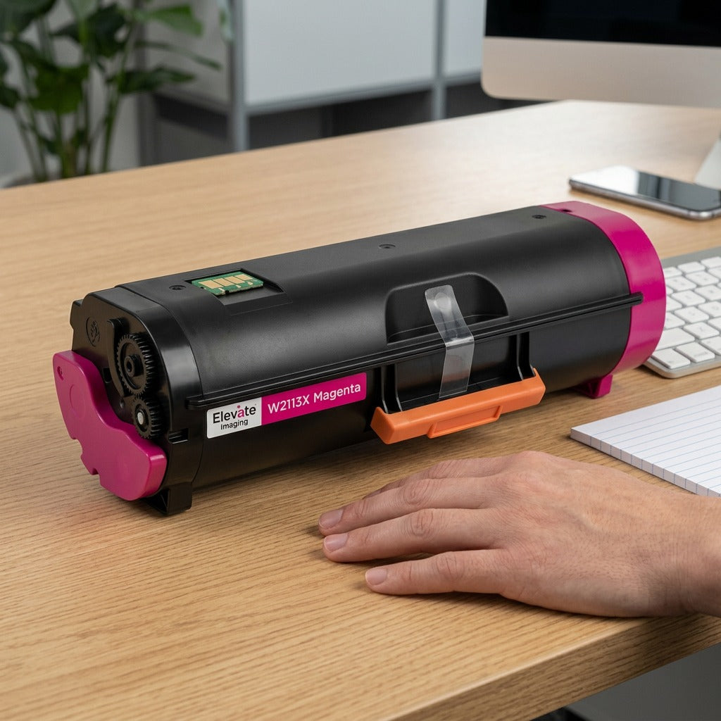 Elevate Imaging W2113X magenta toner cartridge on a desk next to a person's hand for size reference.