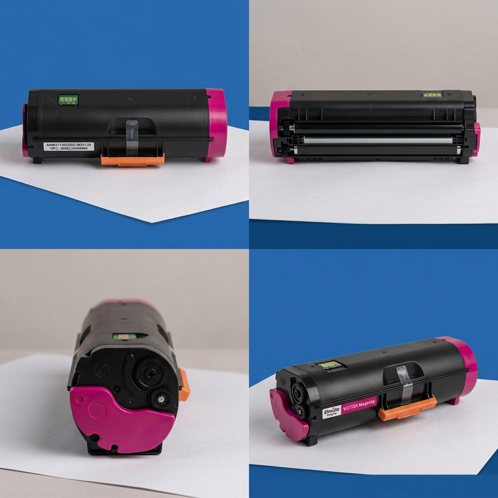 A multi-angle view of the Elevate Imaging HP 206X W2113X magenta laser toner cartridge.