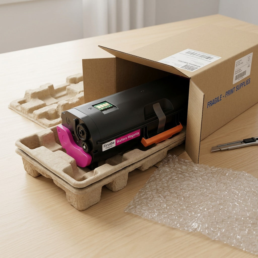 Elevate Imaging HP 206X W2113X magenta toner cartridge being removed from protective shipping packaging.