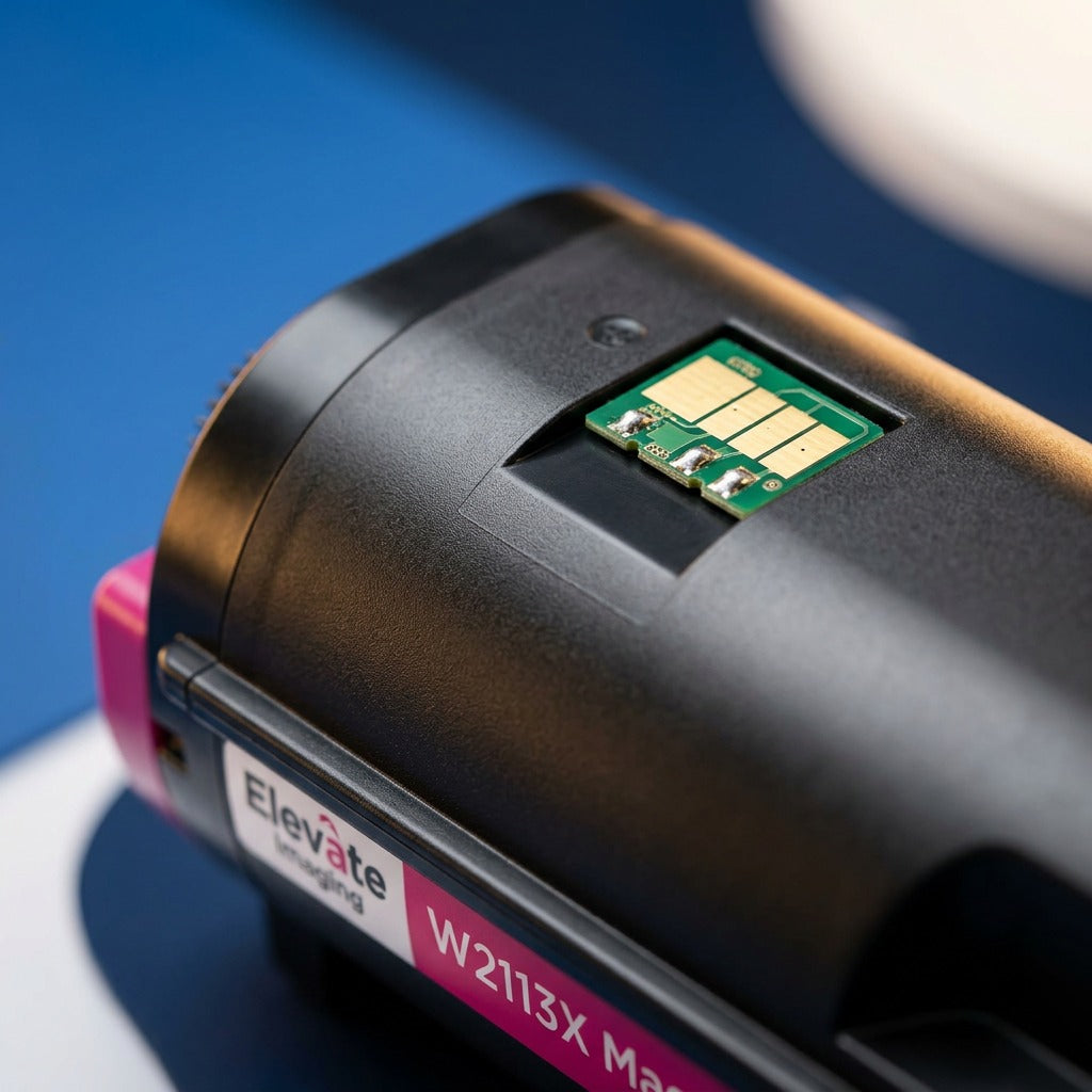 Macro view of the gold contact smart chip on an Elevate Imaging W2113X magenta toner cartridge.
