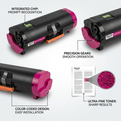 Elevate Imaging HP 206X W2113X magenta toner highlights: integrated chip, gears, and fine toner.