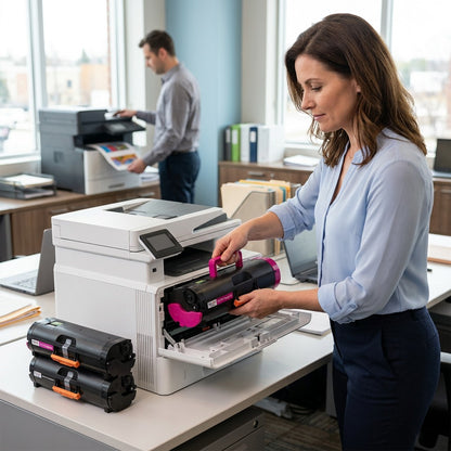 Office manager installing an Elevate Imaging W2113X magenta toner cartridge into a laser printer.