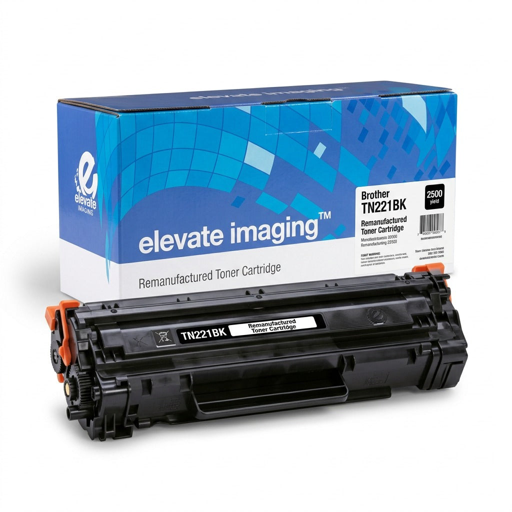 Elevate Imaging remanufactured black toner cartridge for Brother TN221BK with retail box.