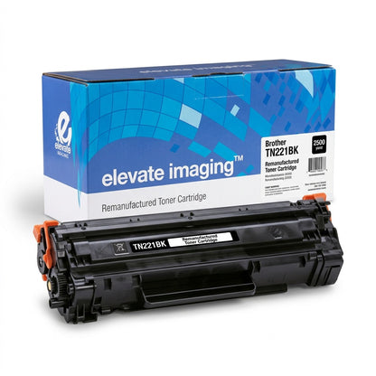 Elevate Imaging remanufactured black toner cartridge for Brother TN221BK with retail box.