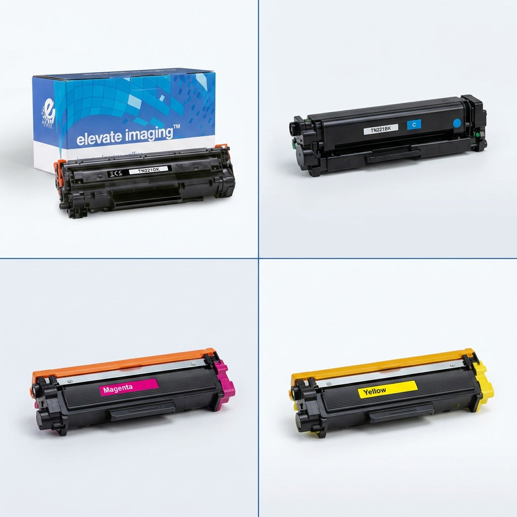 A 2x2 grid showcasing Elevate Imaging TN221BK toner cartridges in Black, Cyan, Magenta, and Yellow.