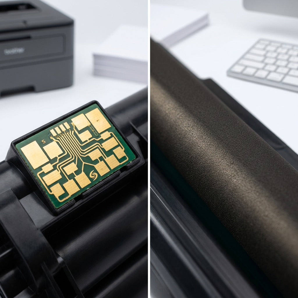 Macro view of a gold electrical chip and textured roller on an Elevate Imaging TN221BK cartridge.