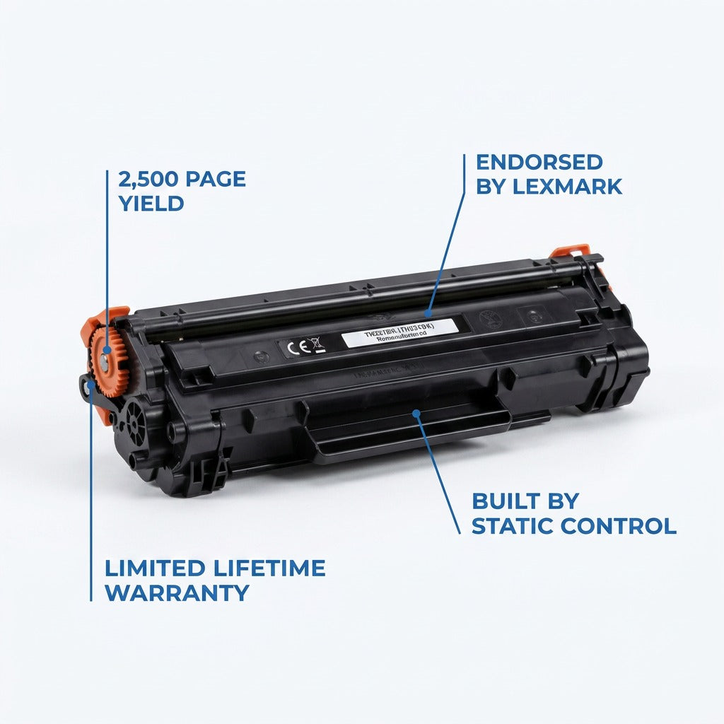 Brother TN221BK remanufactured black toner cartridge with 2,500 page yield and lifetime warranty.