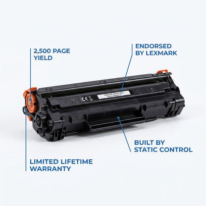 Brother TN221BK remanufactured black toner cartridge with 2,500 page yield and lifetime warranty.