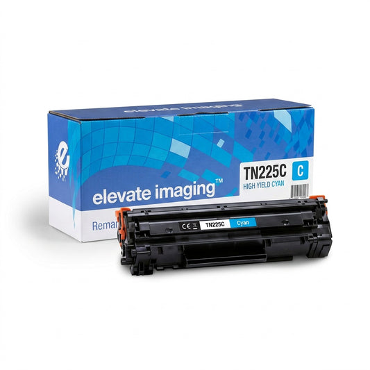 Elevate Imaging TN225C Cyan High Yield Remanufactured Toner Cartridge with retail box packaging.