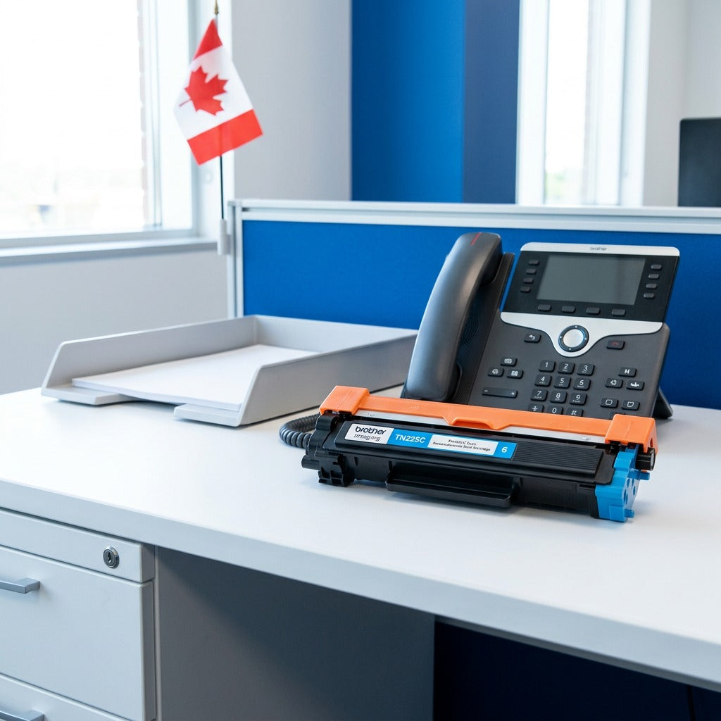 Brother TN225C Cyan toner cartridge placed on a desk next to an office phone for scale reference.