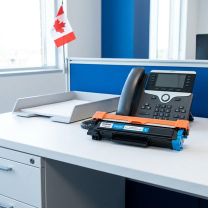 Brother TN225C Cyan toner cartridge placed on a desk next to an office phone for scale reference.