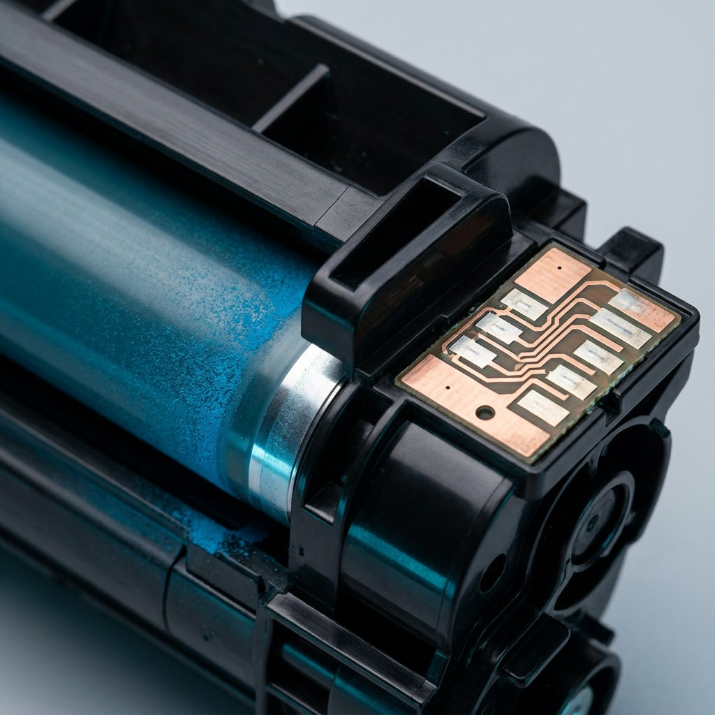 Macro detail of the copper contact chip and developer roller on a cyan Brother TN225C toner cartridge.