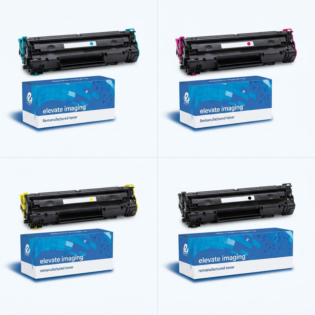A grid of four Elevate Imaging remanufactured Brother TN225 toner cartridges in cyan, magenta, yellow, and black.