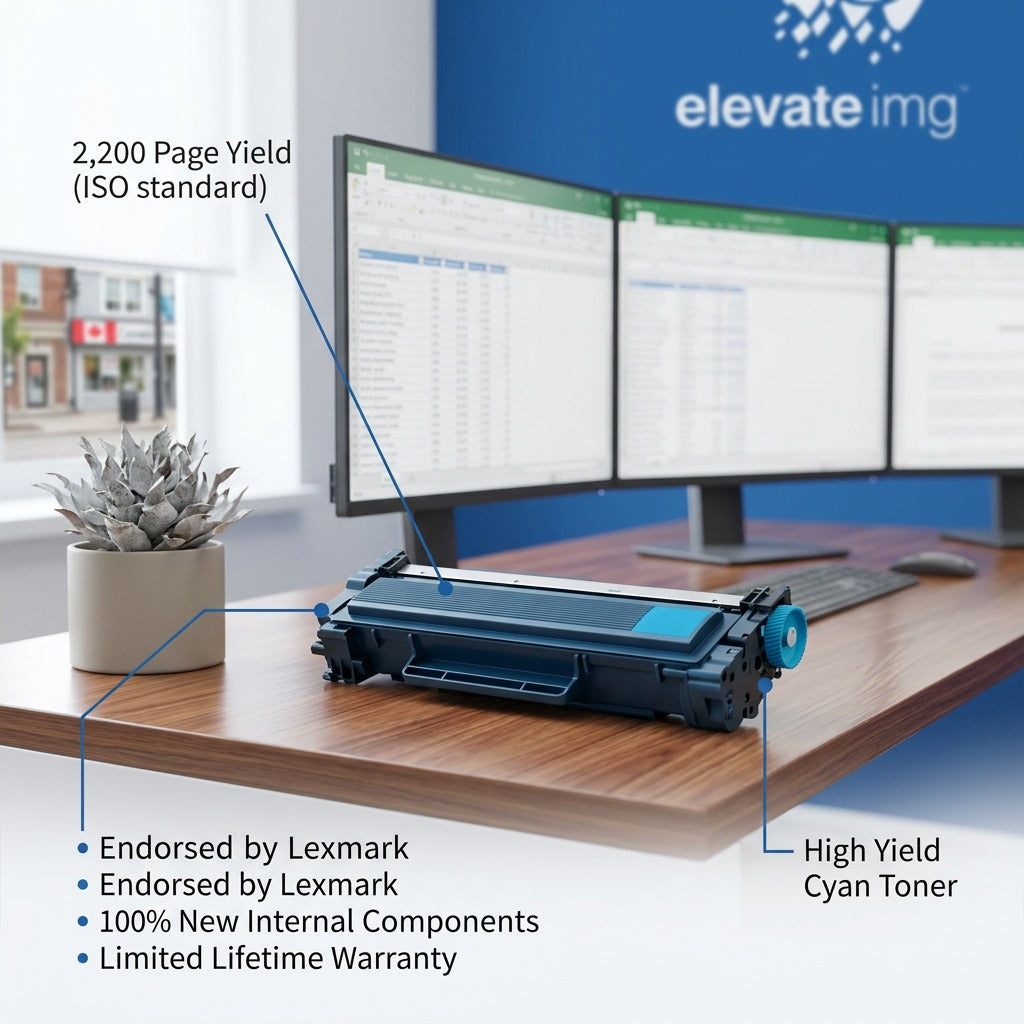 Elevate Imaging Brother TN225C cyan toner cartridge on an office desk with high yield callouts.