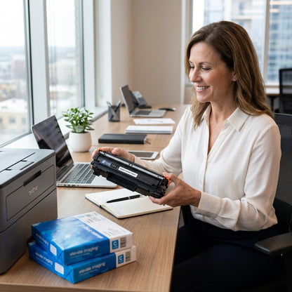 A professional holding an Elevate Imaging cyan TN225C toner cartridge near a Brother laser printer.