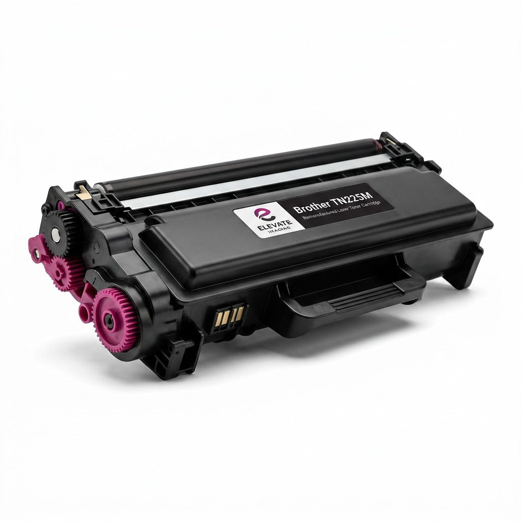 Elevate Imaging remanufactured Brother TN225M magenta laser toner cartridge with pink gears.